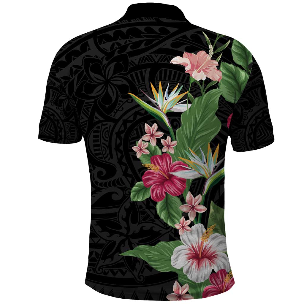Hawaii Tropical Flowers Polo Shirt Polynesian Tattoo Black LT05 - Polynesian Pride
