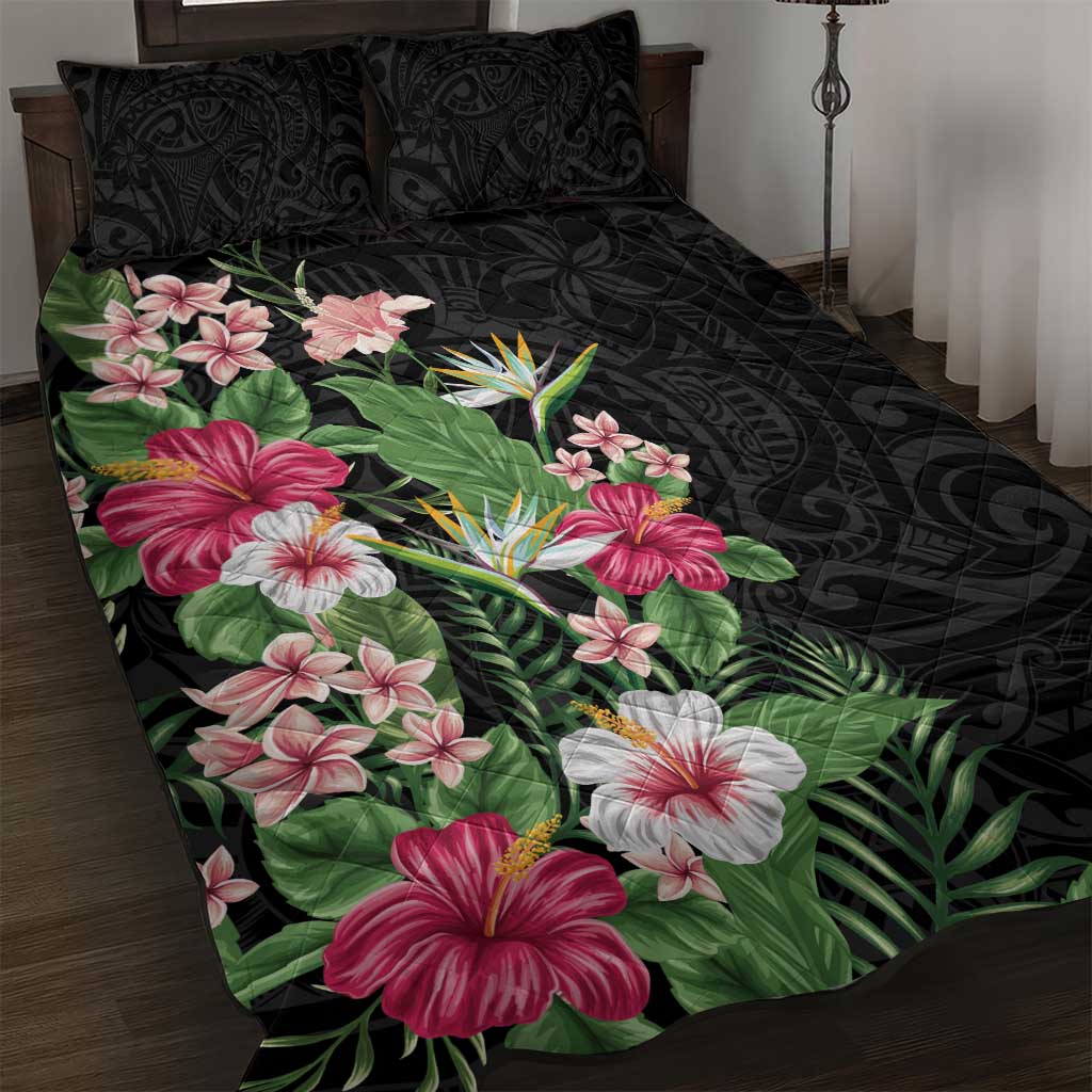 Hawaii Tropical Flowers Quilt Bed Set Polynesian Tattoo Black LT05 Black - Polynesian Pride