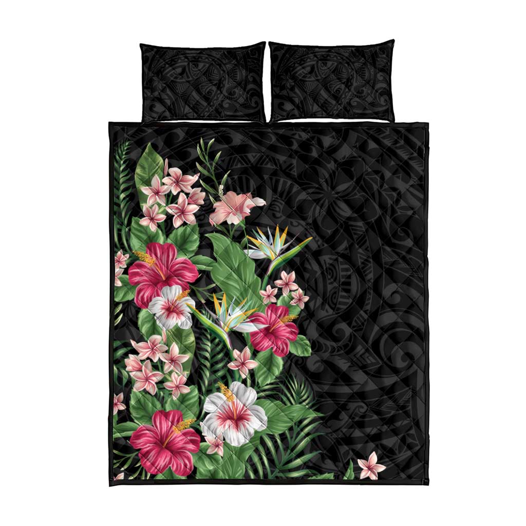 Hawaii Tropical Flowers Quilt Bed Set Polynesian Tattoo Black LT05 - Polynesian Pride