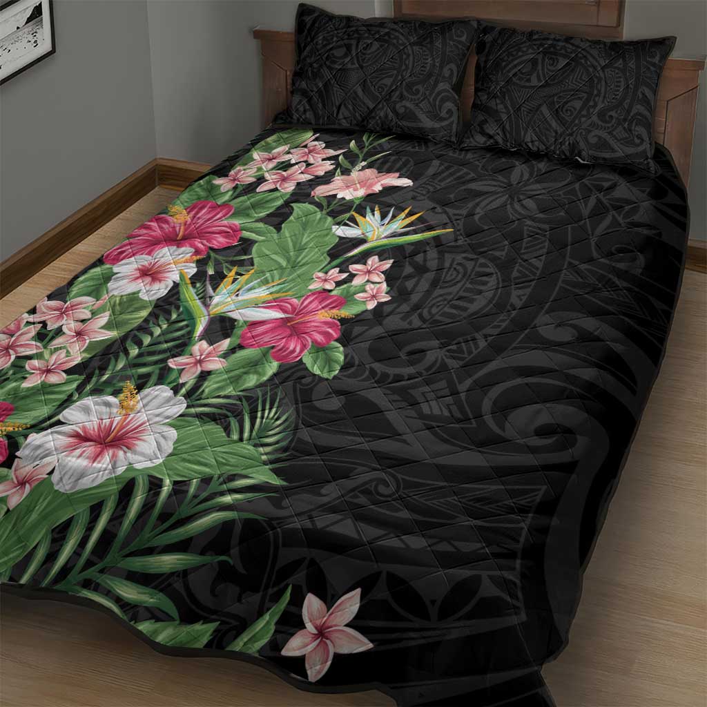 Hawaii Tropical Flowers Quilt Bed Set Polynesian Tattoo Black LT05 - Polynesian Pride