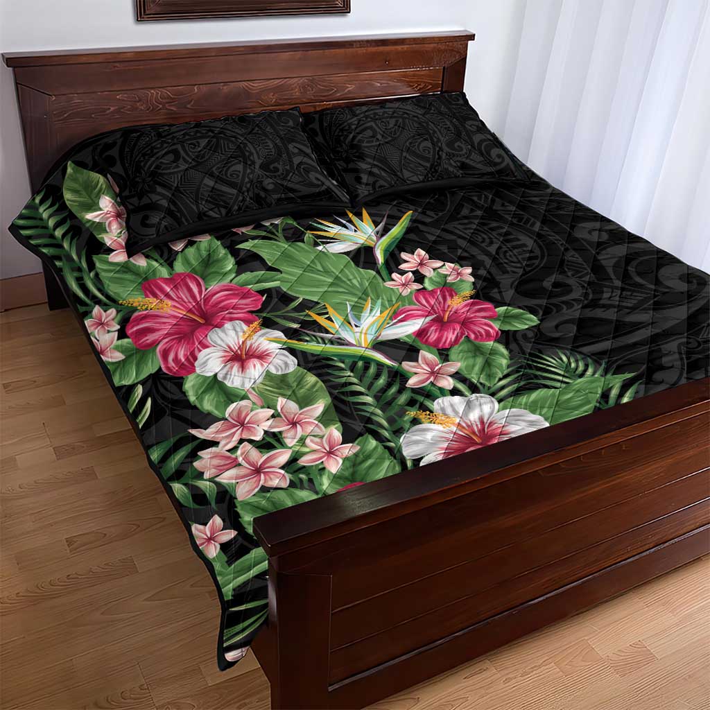 Hawaii Tropical Flowers Quilt Bed Set Polynesian Tattoo Black LT05 - Polynesian Pride
