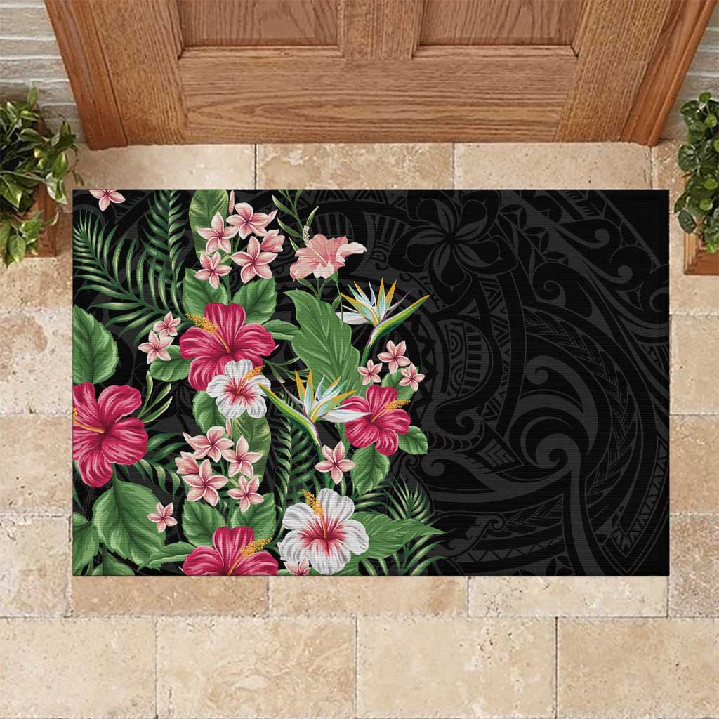 Hawaii Tropical Flowers Rubber Doormat Polynesian Tattoo Black LT05 Black - Polynesian Pride