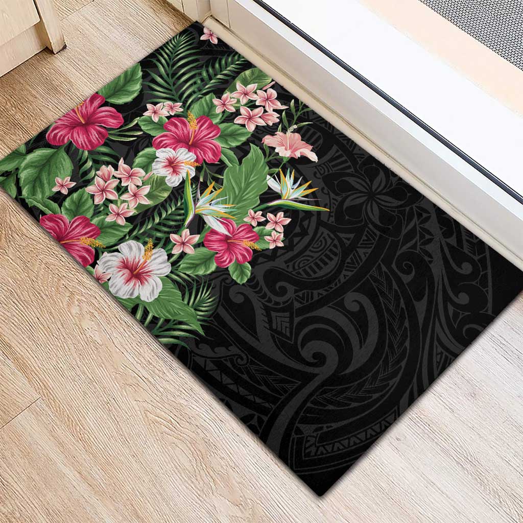 Hawaii Tropical Flowers Rubber Doormat Polynesian Tattoo Black LT05 - Polynesian Pride