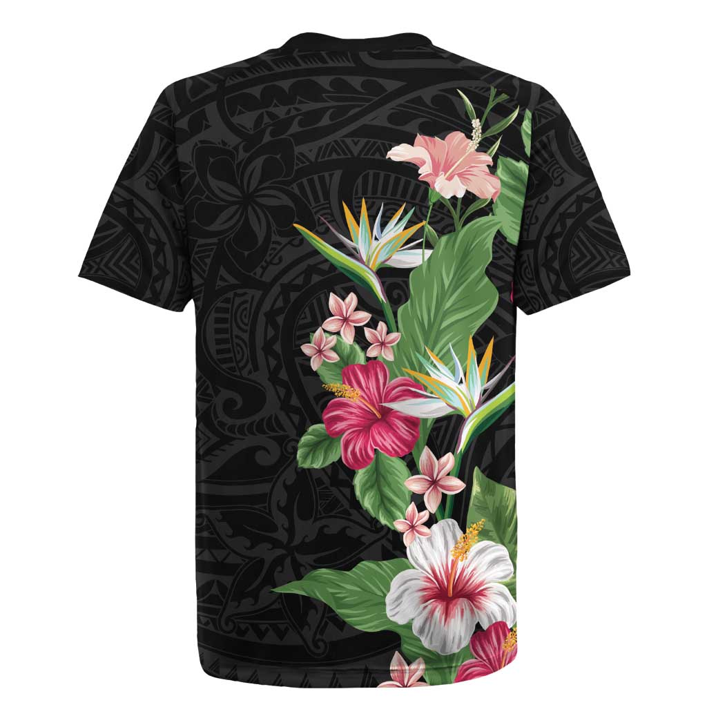 Hawaii Tropical Flowers Rugby Jersey Polynesian Tattoo Black LT05 - Polynesian Pride