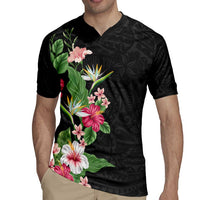 Hawaii Tropical Flowers Rugby Jersey Polynesian Tattoo Black LT05 - Polynesian Pride