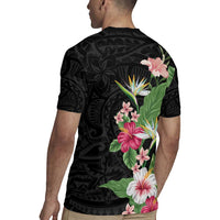 Hawaii Tropical Flowers Rugby Jersey Polynesian Tattoo Black LT05 - Polynesian Pride