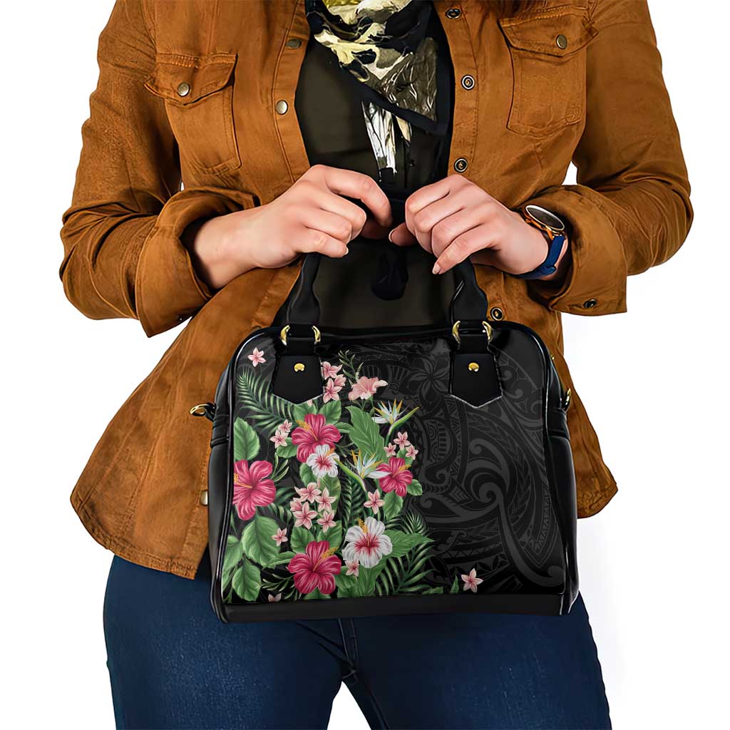 Hawaii Tropical Flowers Shoulder Handbag Polynesian Tattoo Black LT05 - Polynesian Pride