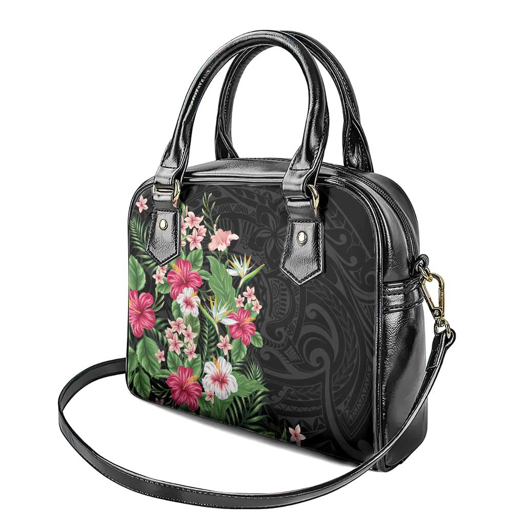 Hawaii Tropical Flowers Shoulder Handbag Polynesian Tattoo Black LT05 - Polynesian Pride