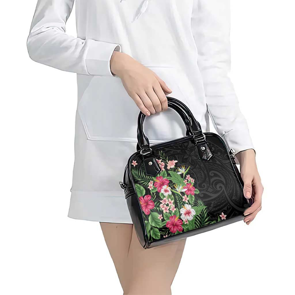 Hawaii Tropical Flowers Shoulder Handbag Polynesian Tattoo Black LT05 - Polynesian Pride