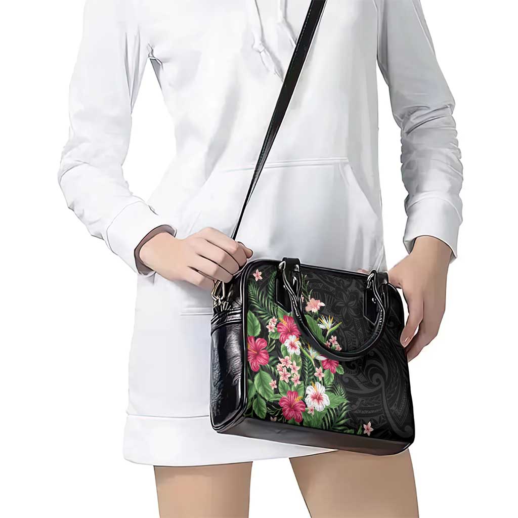 Hawaii Tropical Flowers Shoulder Handbag Polynesian Tattoo Black LT05 - Polynesian Pride
