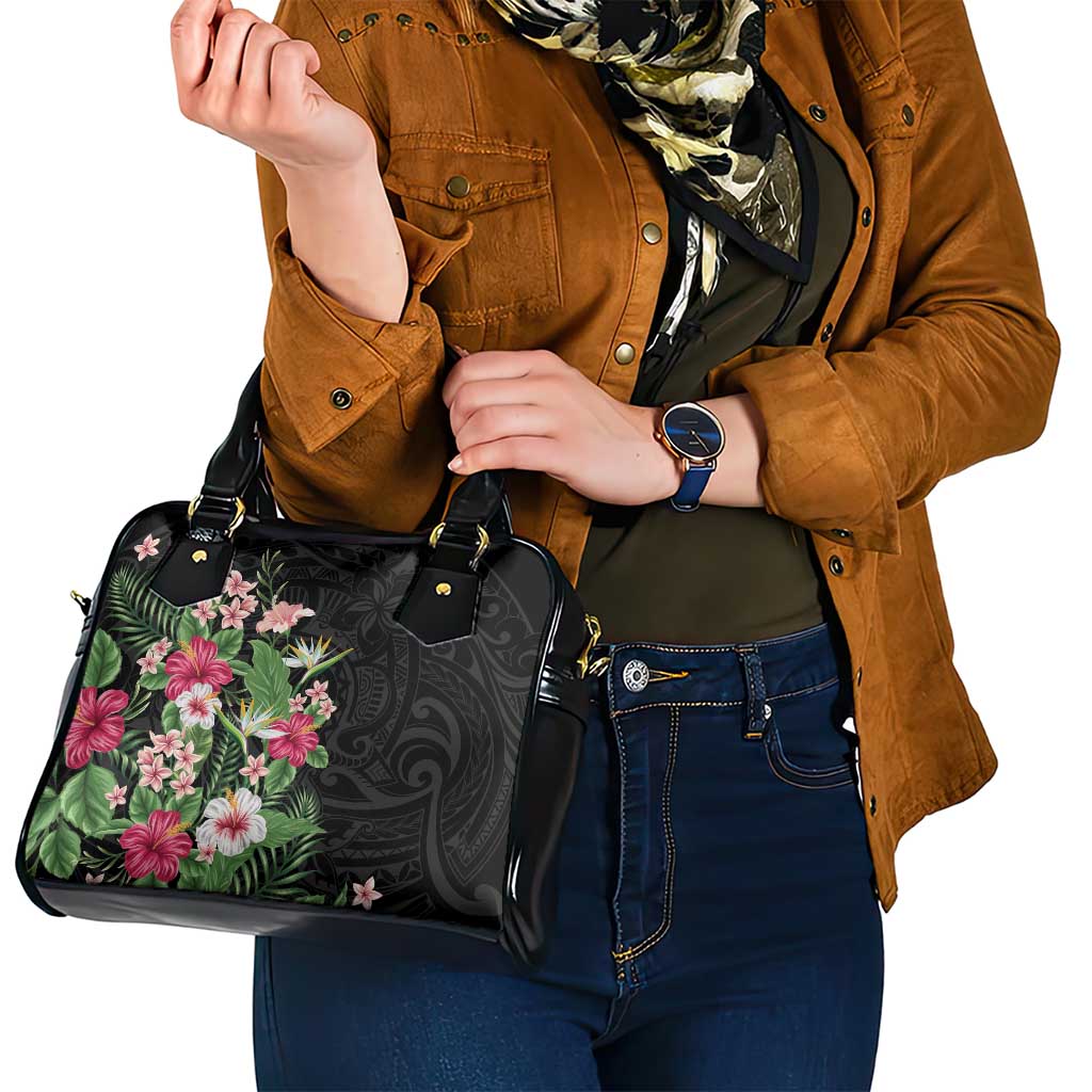 Hawaii Tropical Flowers Shoulder Handbag Polynesian Tattoo Black LT05 - Polynesian Pride