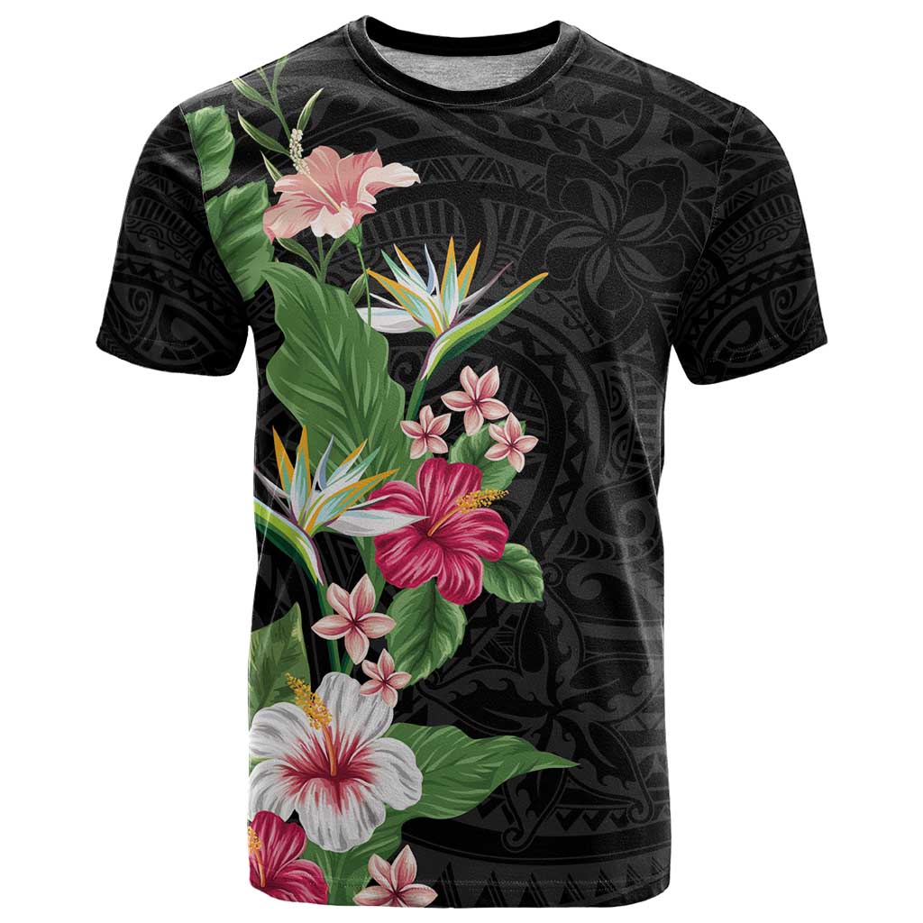 Hawaii Tropical Flowers T Shirt Polynesian Tattoo Black LT05 Black - Polynesian Pride