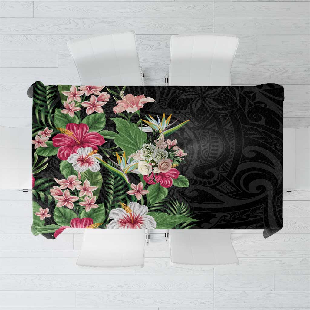 Hawaii Tropical Flowers Tablecloth Polynesian Tattoo Black