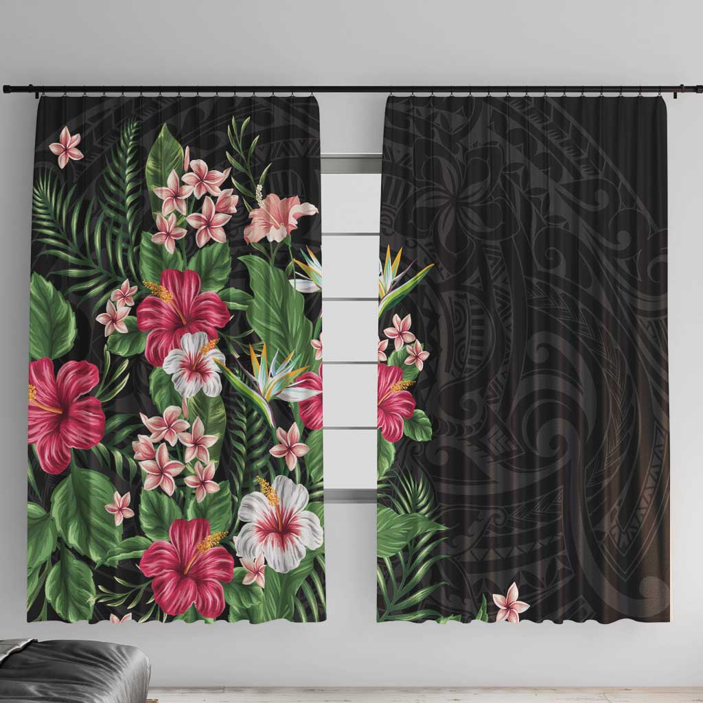 Hawaii Tropical Flowers Window Curtain Polynesian Tattoo Black LT05 With Hooks Black - Polynesian Pride
