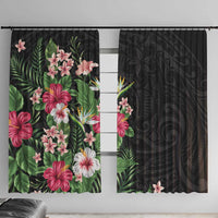 Hawaii Tropical Flowers Window Curtain Polynesian Tattoo Black LT05 With Hooks Black - Polynesian Pride