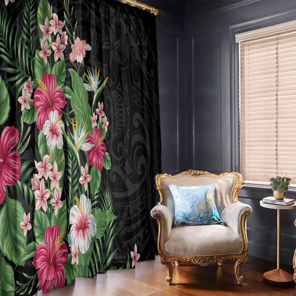 Hawaii Tropical Flowers Window Curtain Polynesian Tattoo Black LT05 - Polynesian Pride