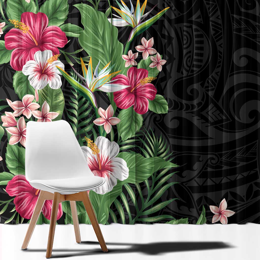 Hawaii Tropical Flowers Window Curtain Polynesian Tattoo Black LT05 - Polynesian Pride