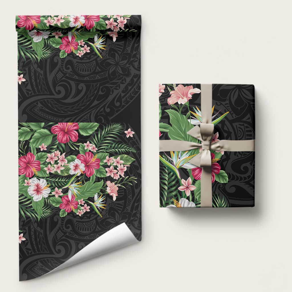 Hawaii Tropical Flowers Wrapping Paper Polynesian Tattoo Black LT05 58" × 23" Black - Polynesian Pride