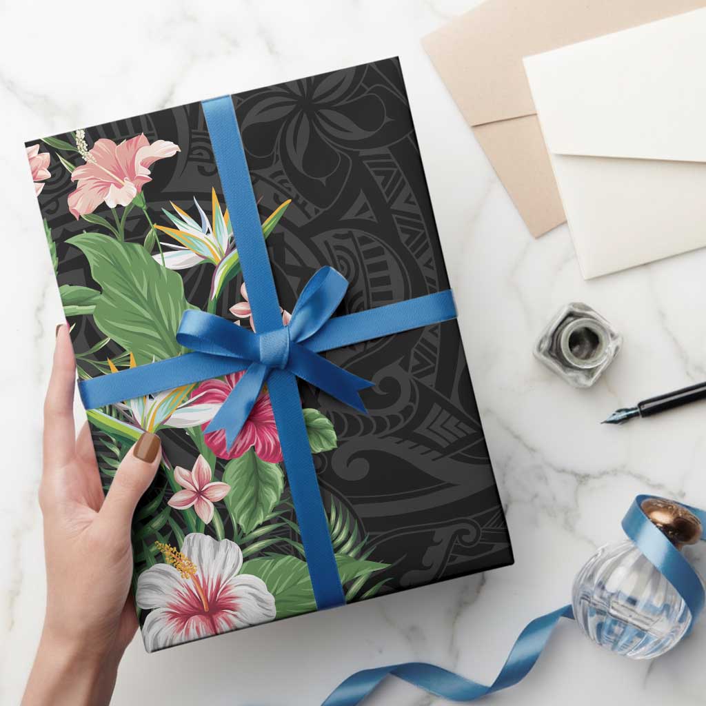 Hawaii Tropical Flowers Wrapping Paper Polynesian Tattoo Black LT05 - Polynesian Pride