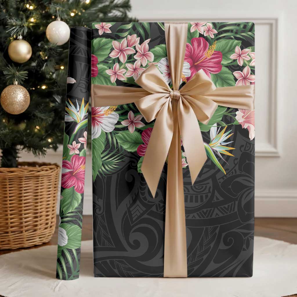 Hawaii Tropical Flowers Wrapping Paper Polynesian Tattoo Black LT05 - Polynesian Pride