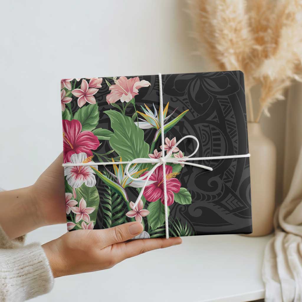 Hawaii Tropical Flowers Wrapping Paper Polynesian Tattoo Black LT05 - Polynesian Pride