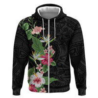 Hawaii Tropical Flowers Zip Hoodie Polynesian Tattoo Black LT05 Zip Hoodie Black - Polynesian Pride