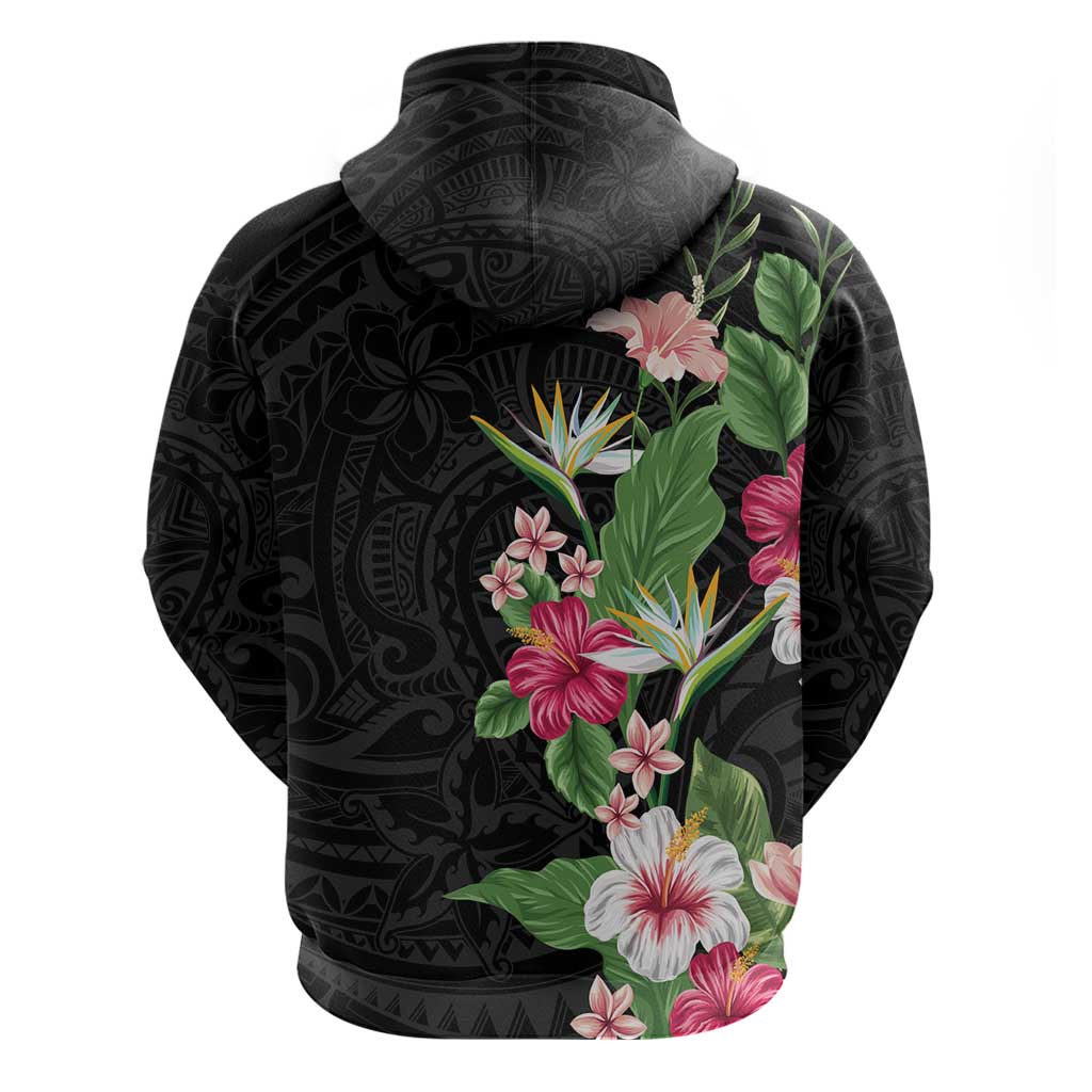 Hawaii Tropical Flowers Zip Hoodie Polynesian Tattoo Black LT05 - Polynesian Pride