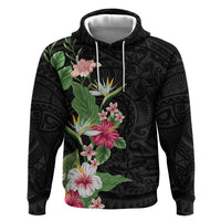 Hawaii Tropical Flowers Zip Hoodie Polynesian Tattoo Black LT05 Pullover Hoodie Black - Polynesian Pride