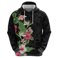 Hawaii Tropical Flowers Zip Hoodie Polynesian Tattoo Black LT05 - Polynesian Pride