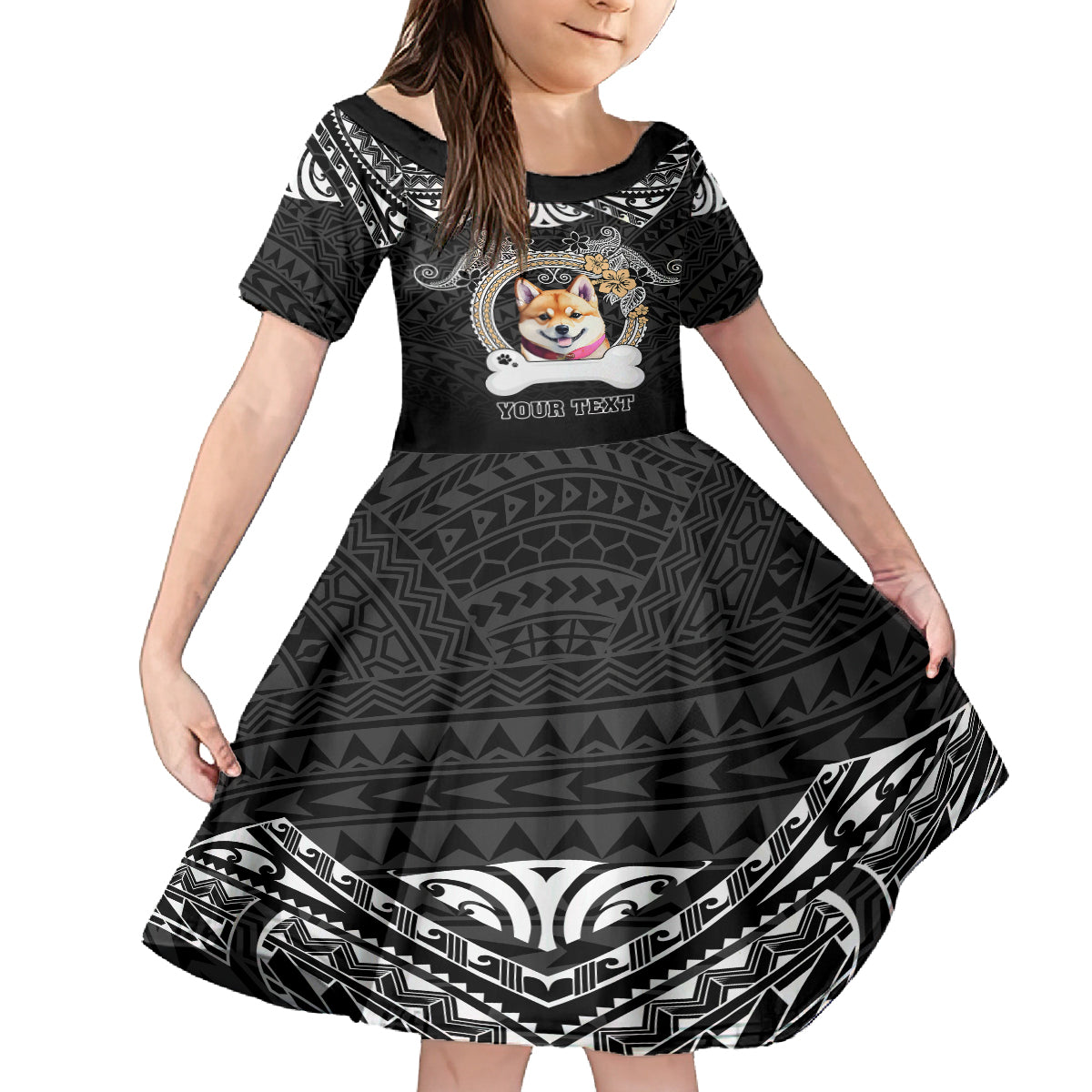 Personalized Shiba Inu Dog Kid Short Sleeve Dress With Polynesian Heart Name Tags LT05 KID Black - Polynesian Pride