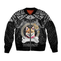 Personalized Shiba Inu Dog Sleeve Zip Bomber Jacket With Polynesian Heart Name Tags LT05 Unisex Black - Polynesian Pride