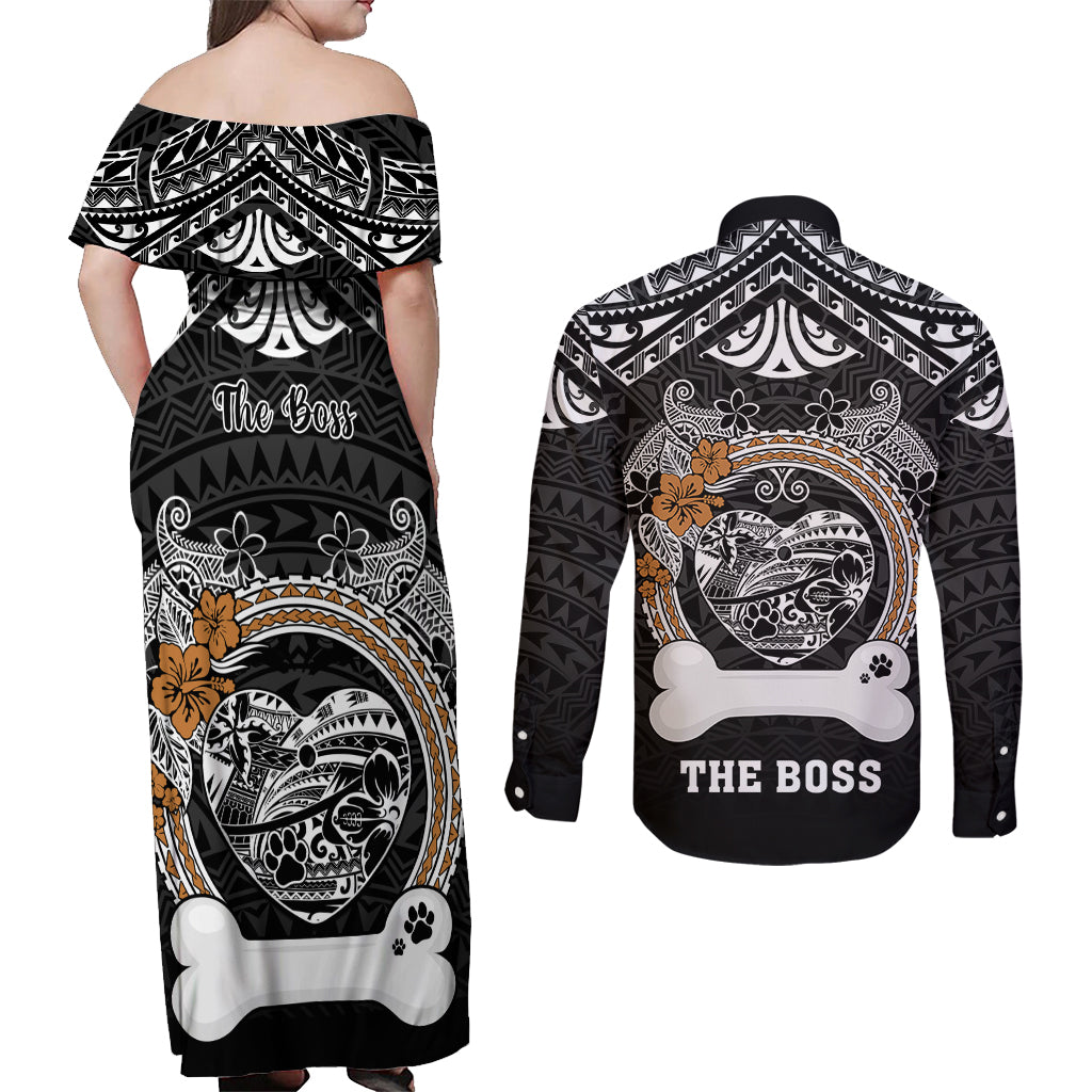 Personalized Pitbull Dog Couples Matching Off Shoulder Maxi Dress and Long Sleeve Button Shirts With Polynesian Heart Name Tags LT05 - Polynesian Pride