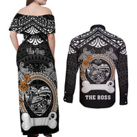 Personalized Pitbull Dog Couples Matching Off Shoulder Maxi Dress and Long Sleeve Button Shirts With Polynesian Heart Name Tags LT05 - Polynesian Pride