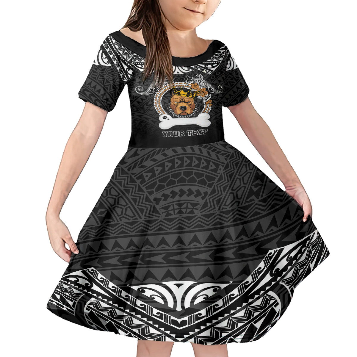 Personalized Pitbull Dog Kid Short Sleeve Dress With Polynesian Heart Name Tags LT05 KID Black - Polynesian Pride