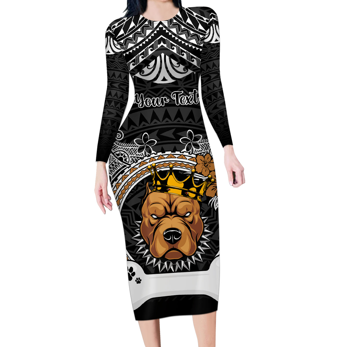 Personalized Pitbull Dog Long Sleeve Bodycon Dress With Polynesian Heart Name Tags LT05 Long Dress Black - Polynesian Pride