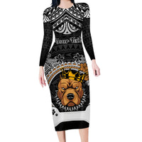 Personalized Pitbull Dog Long Sleeve Bodycon Dress With Polynesian Heart Name Tags LT05 Long Dress Black - Polynesian Pride