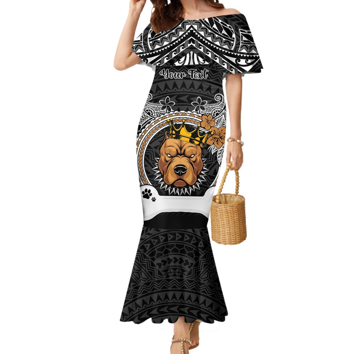 Personalized Pitbull Dog Mermaid Dress With Polynesian Heart Name Tags LT05 Women Black - Polynesian Pride