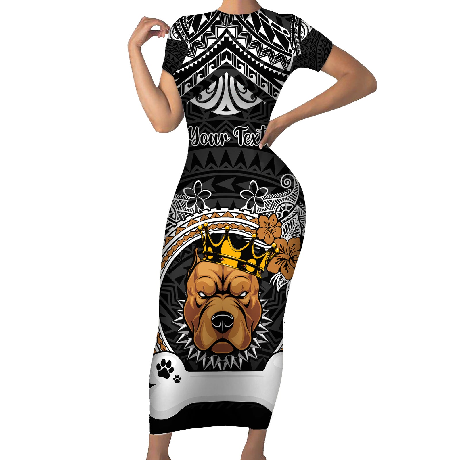 Personalized Pitbull Dog Short Sleeve Bodycon Dress With Polynesian Heart Name Tags LT05 Long Dress Black - Polynesian Pride