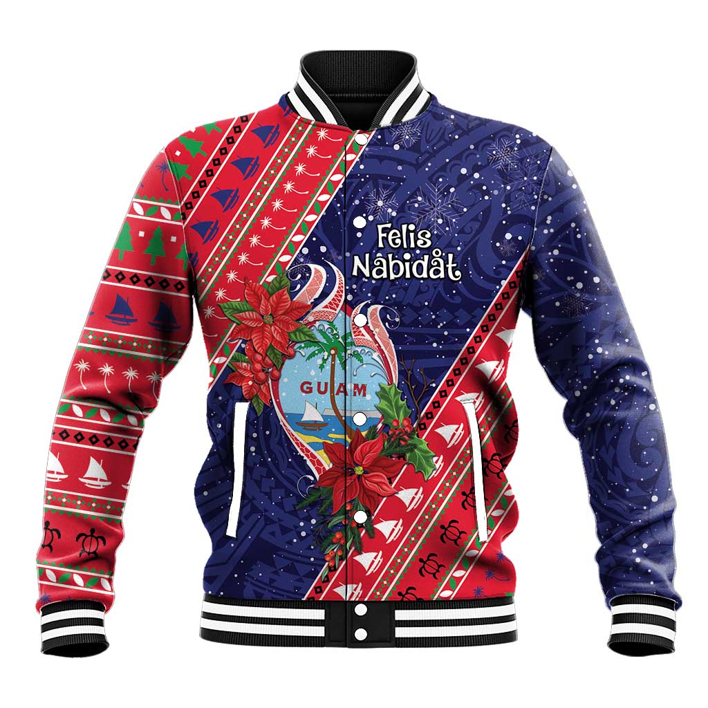 Guam Christmas Baseball Jacket Felis Nabidat Guaman Seal With Poinsettia LT05 Unisex Blue - Polynesian Pride