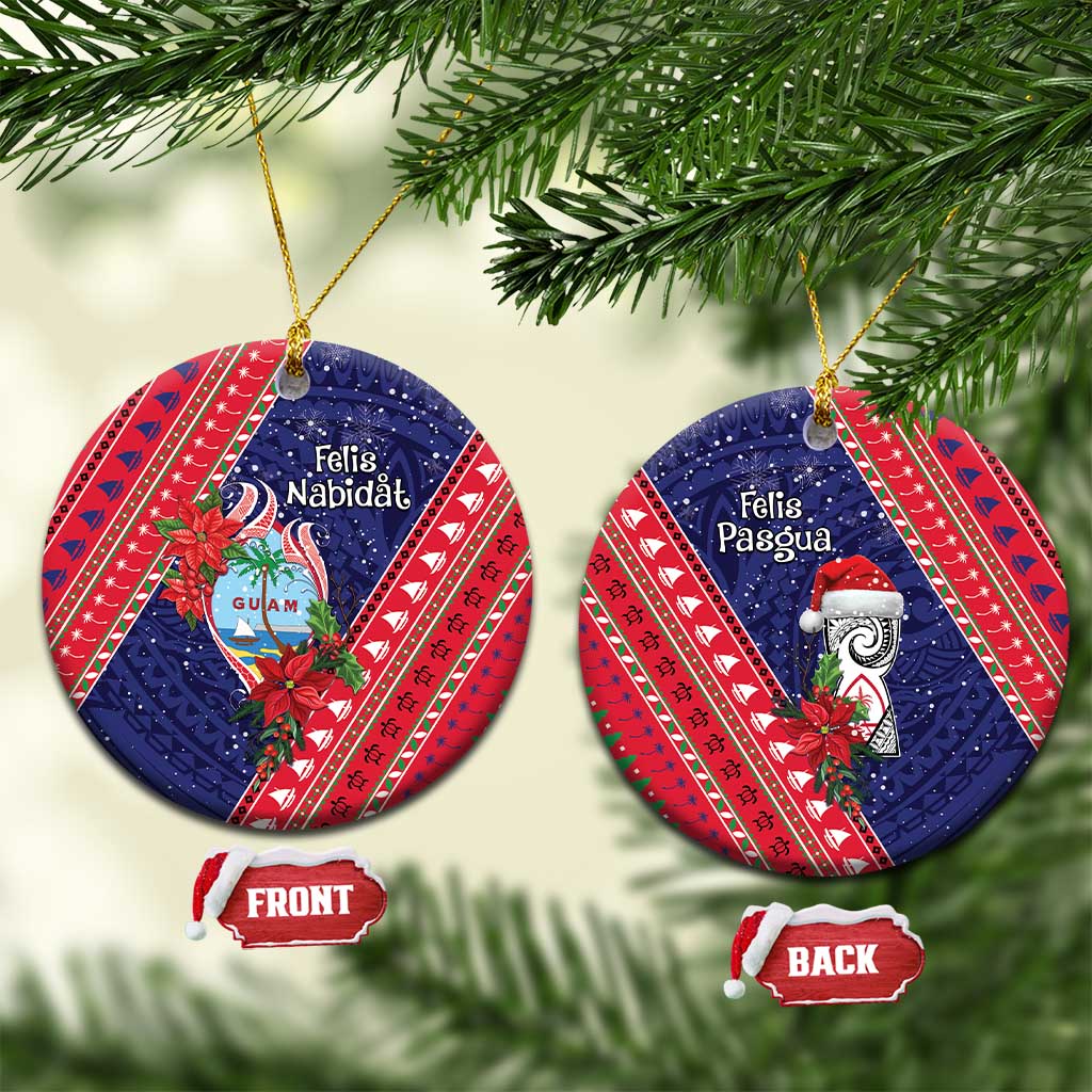 Guam Christmas Ceramic Ornament Felis Nabidat Guaman Seal With Poinsettia LT05 Circle Blue - Polynesian Pride