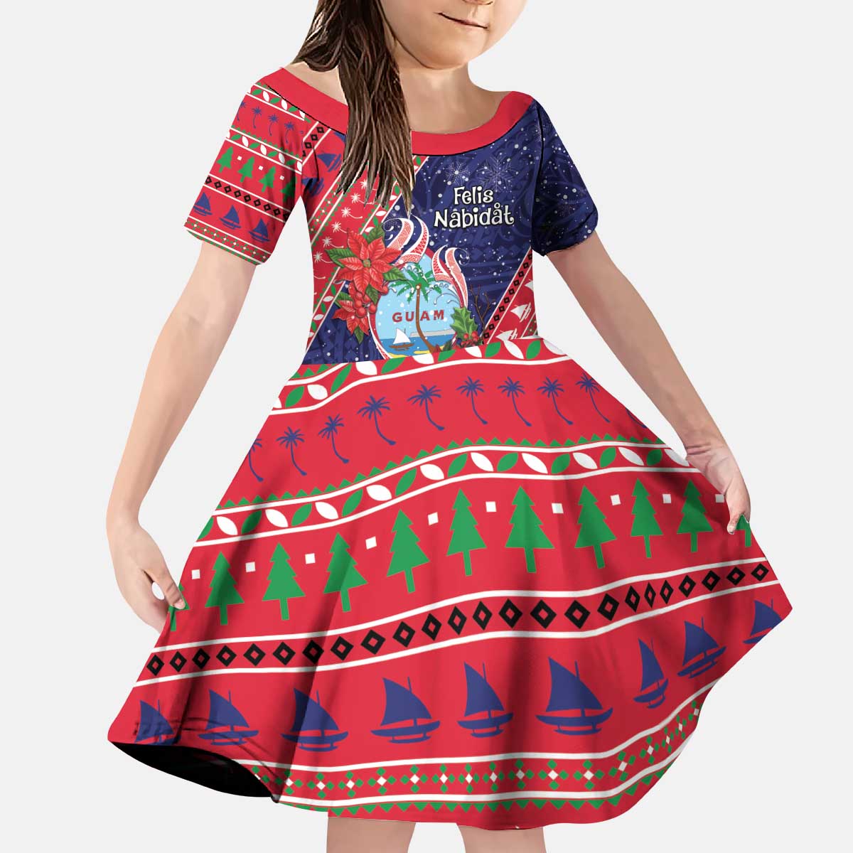 Guam Christmas Kid Short Sleeve Dress Felis Nabidat Guaman Seal With Poinsettia LT05 KID Blue - Polynesian Pride