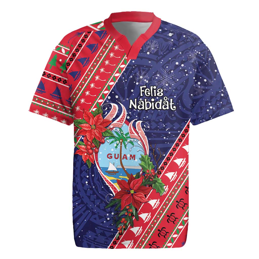Guam Christmas Rugby Jersey Felis Nabidat Guaman Seal With Poinsettia LT05 Blue - Polynesian Pride