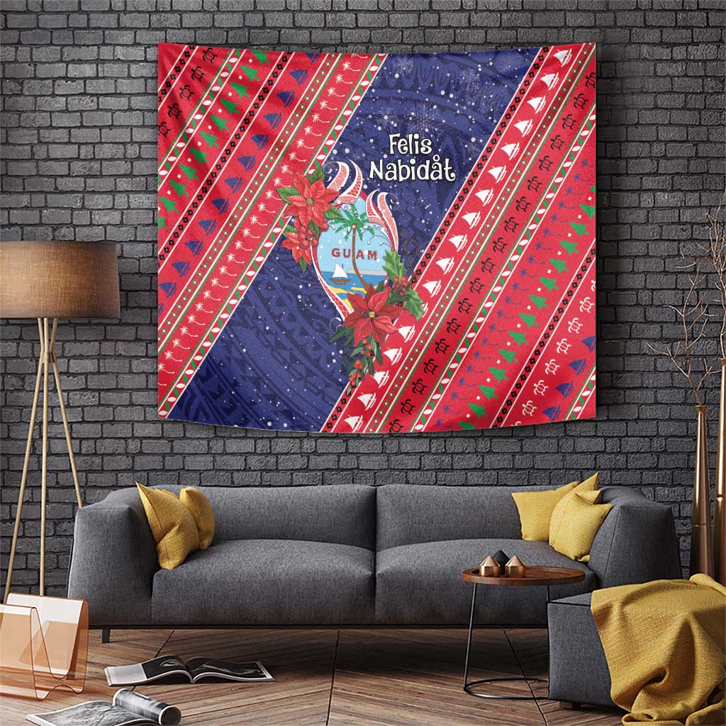 Guam Christmas Tapestry Felis Nabidat Guaman Seal With Poinsettia LT05 Blue - Polynesian Pride