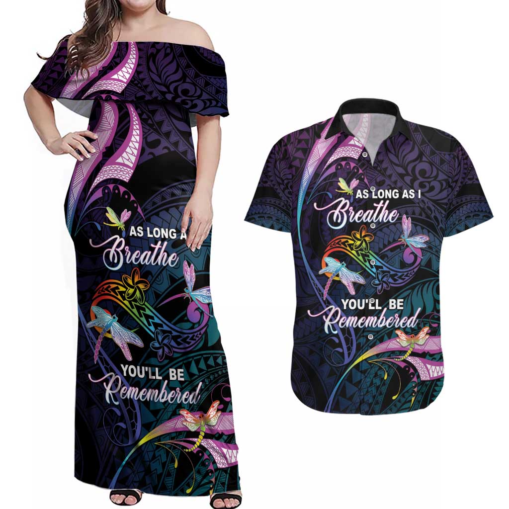 Personalised Polynesia Memorial Couples Matching Off Shoulder Maxi Dress and Hawaiian Shirt Always Remembered Dragonfly Polynesian Style