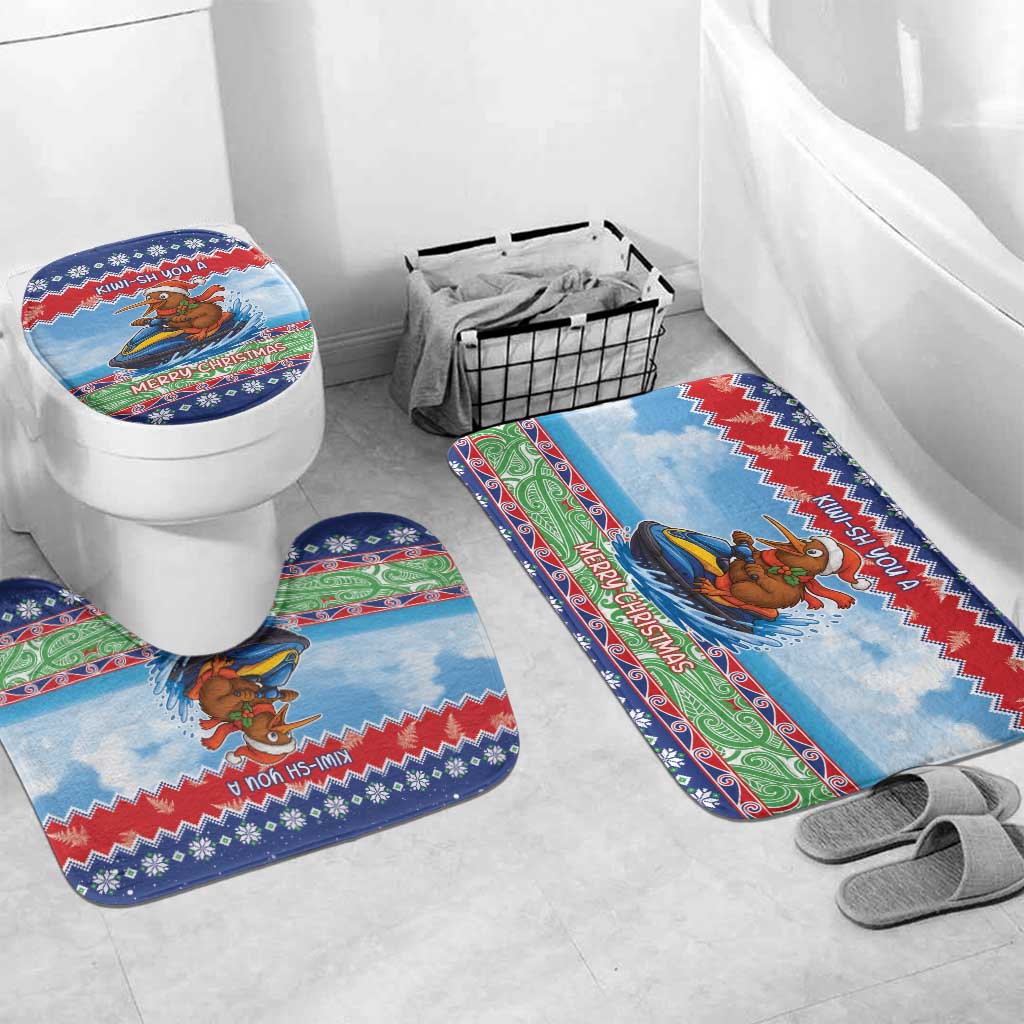 New Zealand Christmas Bathroom Set Funny Jet Ride Kiwi Xmas LT05 Mat Set Only (3 pcs) One Size Blue - Polynesian Pride