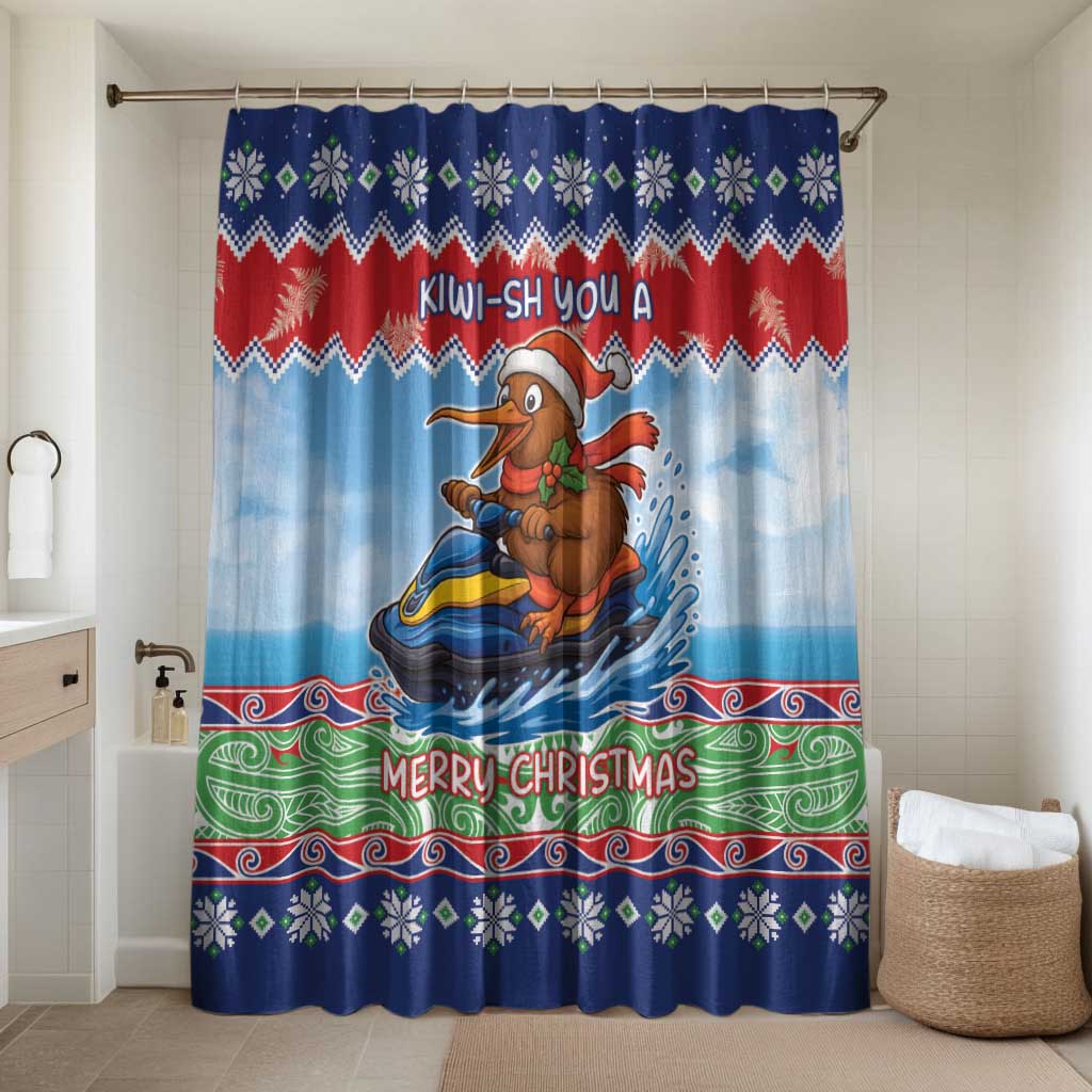 New Zealand Christmas Bathroom Set Funny Jet Ride Kiwi Xmas LT05 Shower Curtain Only Blue - Polynesian Pride