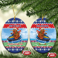 New Zealand Christmas Ceramic Ornament Funny Jet Ride Kiwi Xmas LT05 Oval Blue - Polynesian Pride