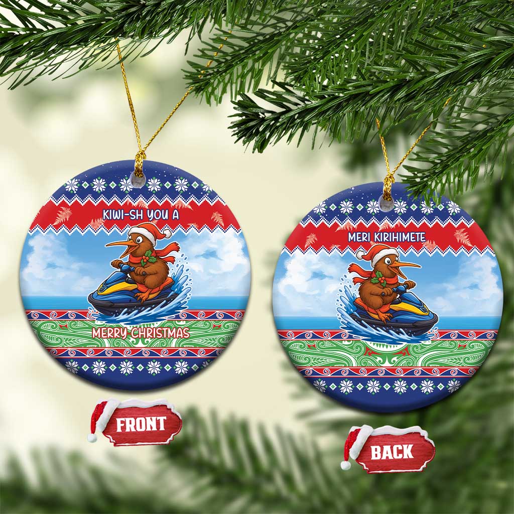 New Zealand Christmas Ceramic Ornament Funny Jet Ride Kiwi Xmas LT05 Circle Blue - Polynesian Pride