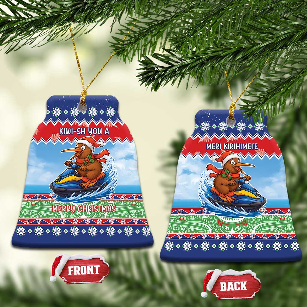 New Zealand Christmas Ceramic Ornament Funny Jet Ride Kiwi Xmas LT05 Bell Flake Blue - Polynesian Pride