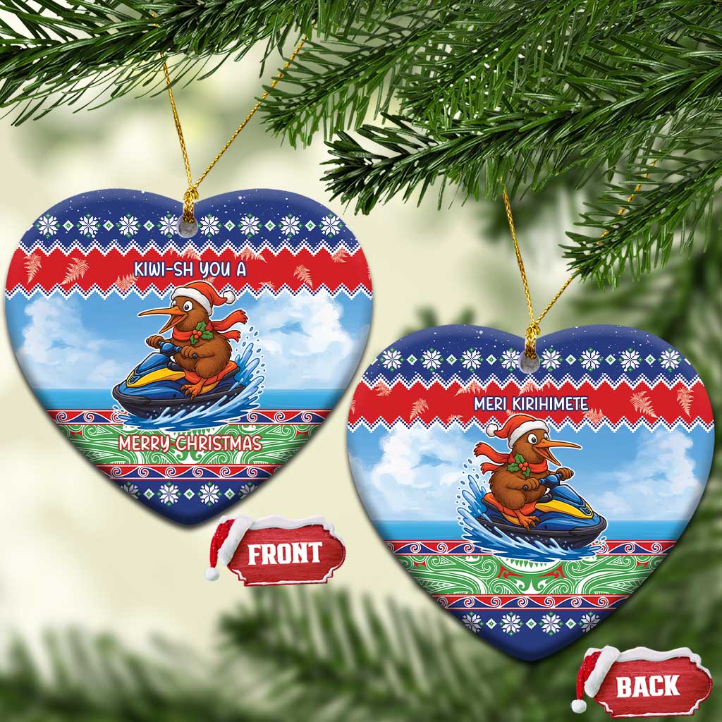 New Zealand Christmas Ceramic Ornament Funny Jet Ride Kiwi Xmas LT05 Heart Blue - Polynesian Pride